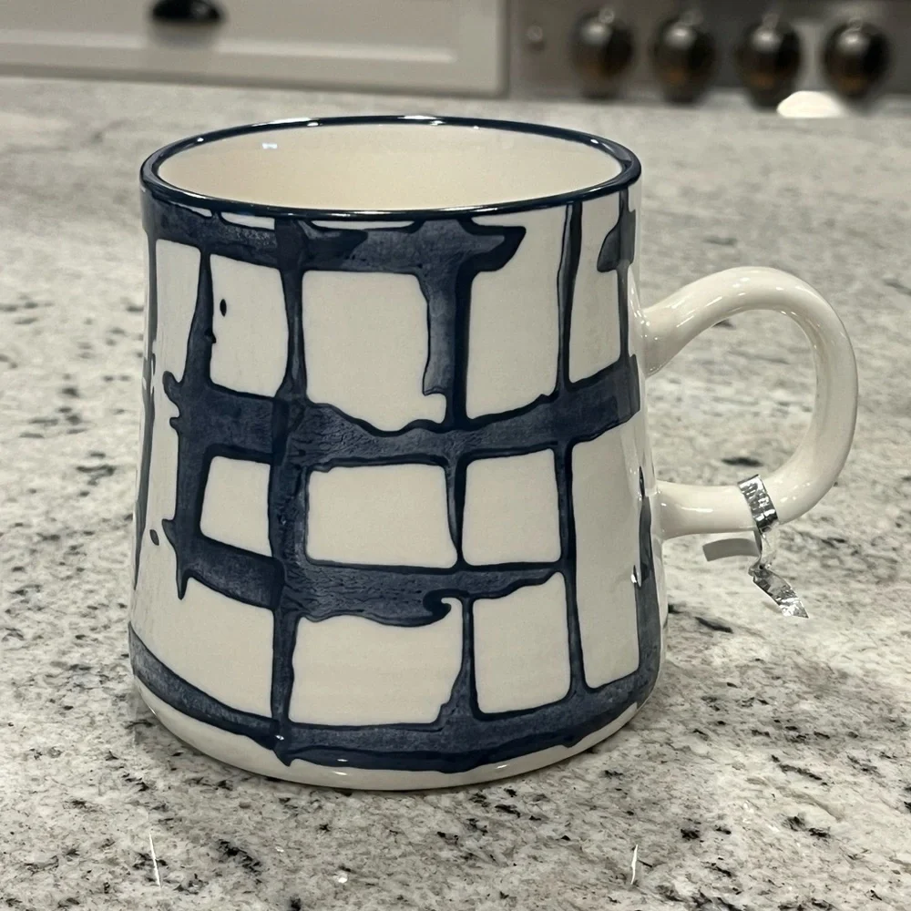 Hand Painted Under Glaze White and Blue Abstract Ceramic Coffee Mug NWOB